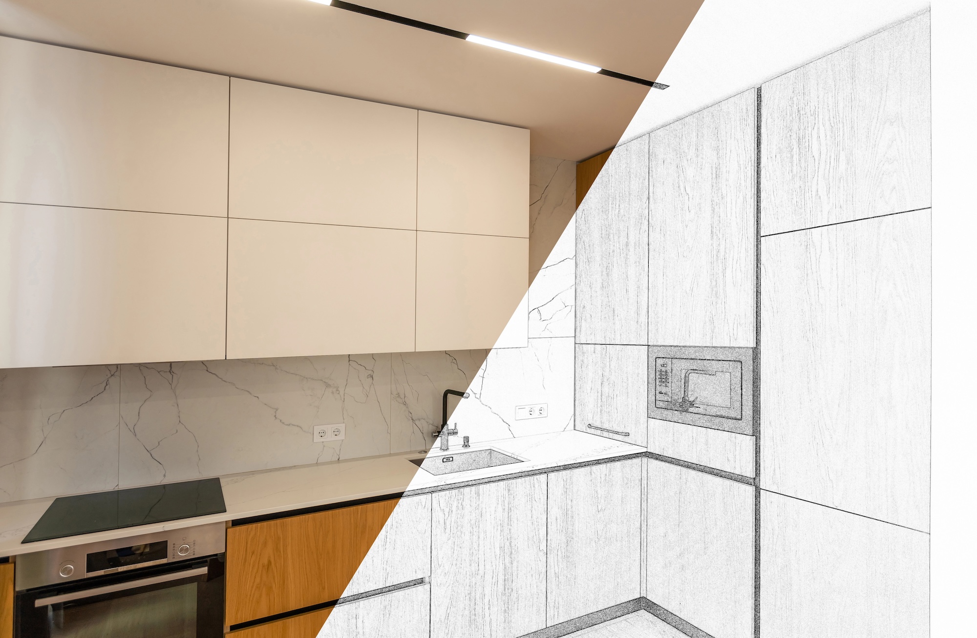 Stylish kitchen interior with modern furniture. Combination of photo and sketch.